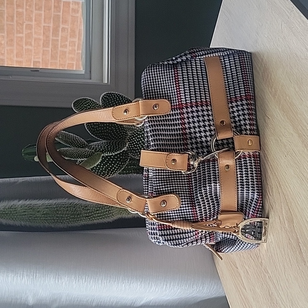 Lauren Ralph Lauren Black White Houndstooth Shoulder Bag with Tan Trim